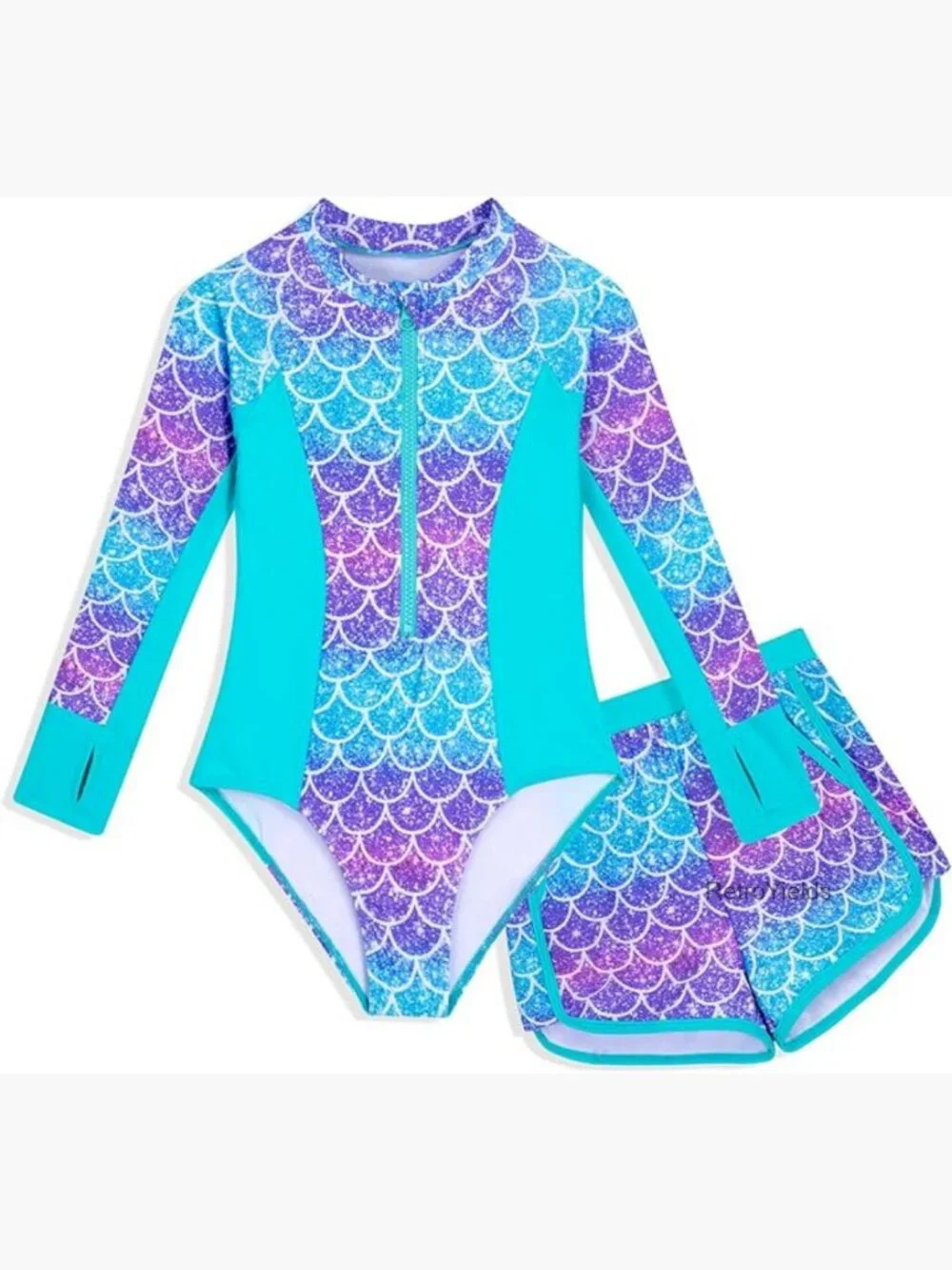 Girls UPF 50+ Long Sleeve Rash Guard 2 Piece Swimsuit Set with Shorts